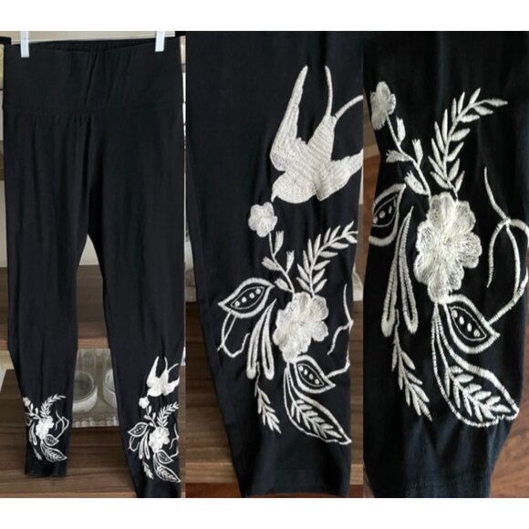 Soft Surroundings Black Pants with White Embroidery, M - Picture 1 of 9